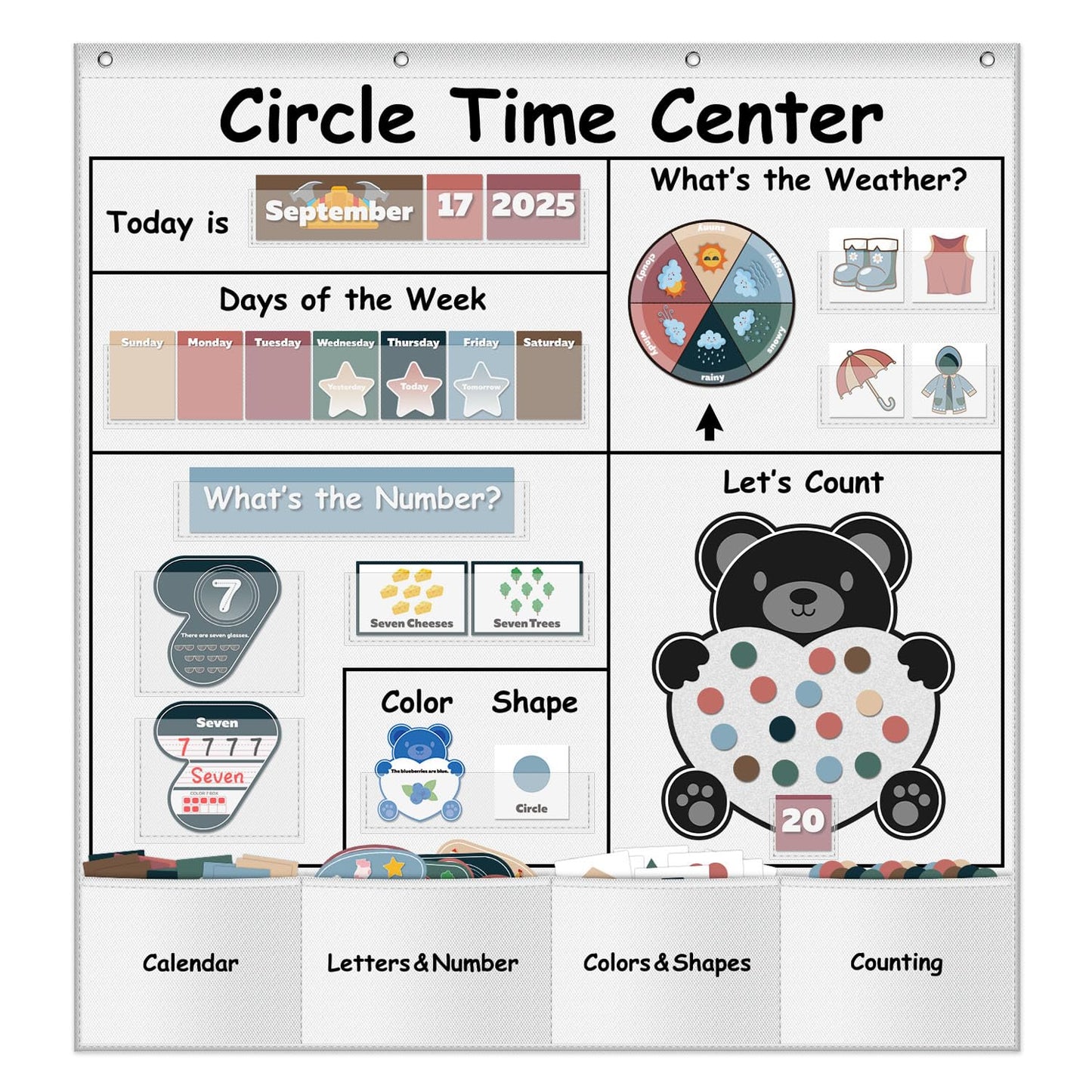 Circle Time Learning Center Pocket Chart for Classroom, Dry Erase Alphabet & Number Flash Cards, Write ABC Letter Tracing Writing Practice Games for Kids, Learning Weather Counting Color Shape
