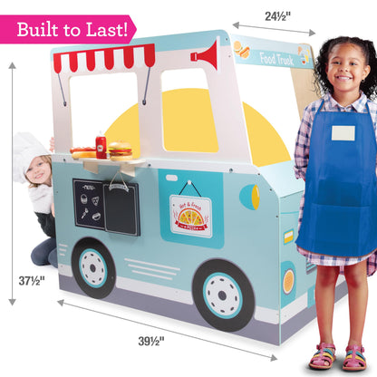 Food Truck Wooden Playset- 20 Fun Toy Pieces Including Cook Top, Steering Wheel, Sticker Sheet for Kids Name- Food Tray, Pizza Slices & More, Dual Sided Play Stand for Indoor Fun Activity, For Ages 3+