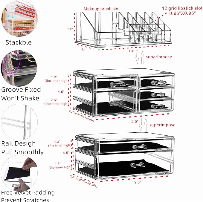 Cq acrylic 3 Pack Clear Skincare Organizer for Vanity, Stackable 7 Drawers Make Up Organizer,Cute Cosmetic Organizer for Vanity Jewelry,Hair Clip,Beauty,Skincare Product Dresser Acrylic Desk Organizer