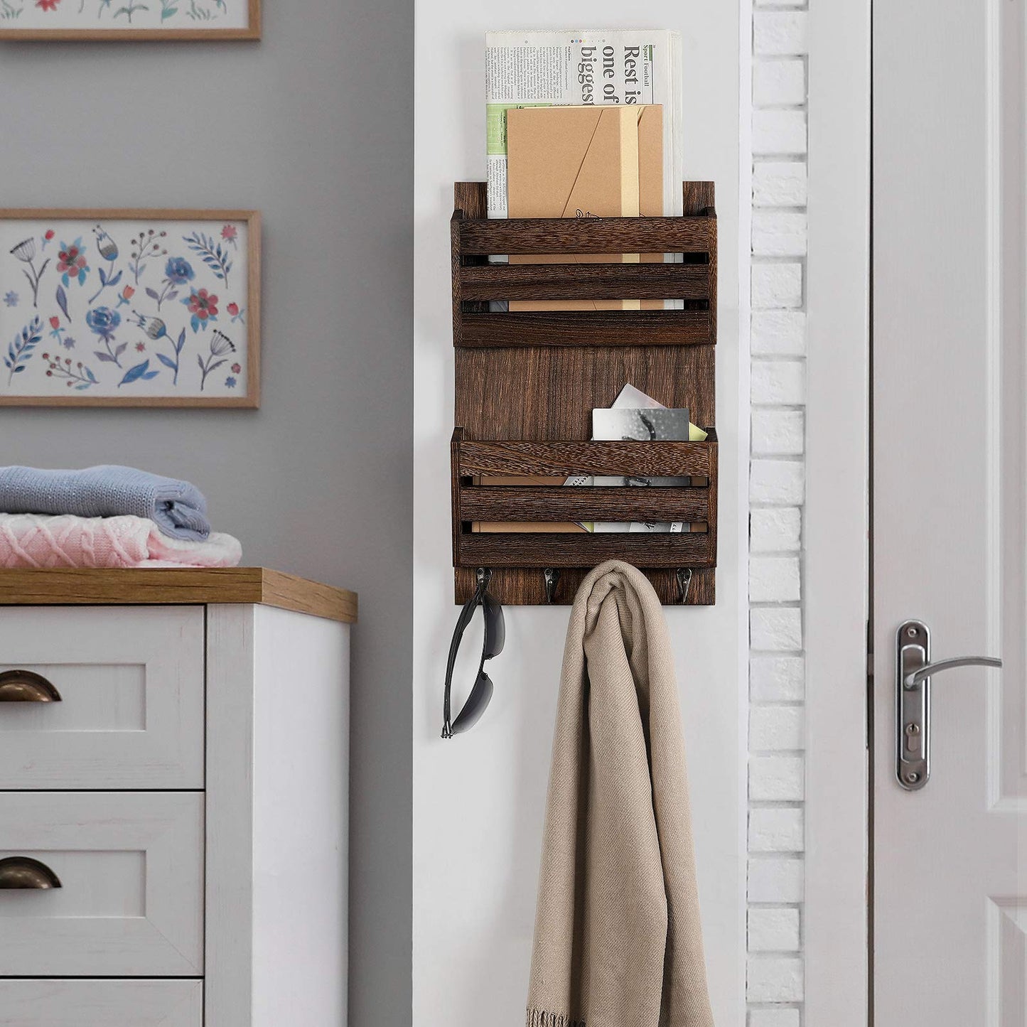 BTY Mail Holder for Wall, Wooden Mail Sorter with 4 Key Hooks, 2 Slot Wall Mounted Mail Sorter Letter Bills Newspaper Magazine Organizer for Entryroom Hallway Office Garage, Rustic Brown