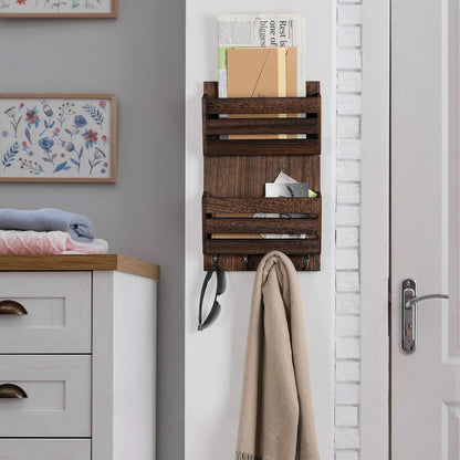 BTY Mail Holder for Wall, Wooden Mail Sorter with 4 Key Hooks, 2 Slot Wall Mounted Mail Sorter Letter Bills Newspaper Magazine Organizer for Entryroom Hallway Office Garage, Rustic Brown