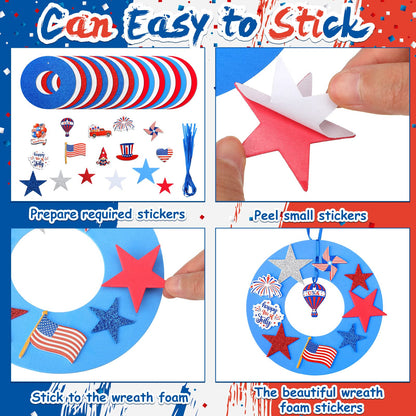 Woanger 324 Pcs 4th of July Wreath Decorations Flag USA Star Patriotic Signs Ornaments Foam Blue Red White Sticker Star Independence Day Craft Gift Favor Home Door Art Wall Decor Kit