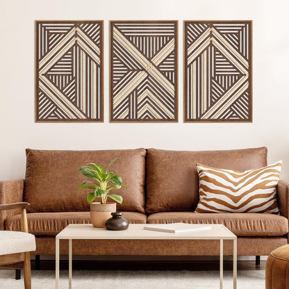 CHDITB Boho Geometric Wood Wall Art(Set of 3, 16"x24"), Large Modern Wooden Panel Hollow Line Art Decor, Rustic Abstract Minimalist Wall Hanging Artwork for Bedroom Living Room Office
