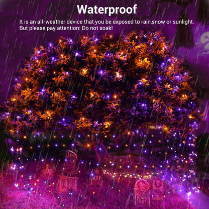 Joomer 12ft x 5ft 360LED Orange Purple Halloween Net Lights Outdoor Mesh lights, 8 Modes Timer Connectable Waterproof Bush Light Mesh Netting Light for Halloween Outdoor Decorations (Green Wire)