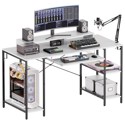 HYPIGO Computer Desk with Keyboard Tray, 55 Inch Music Studio Desk Music Production Desk with Storage Shelves Monitor Stands and 4 Iron Hooks, Workstation Gaming Table for Home Office