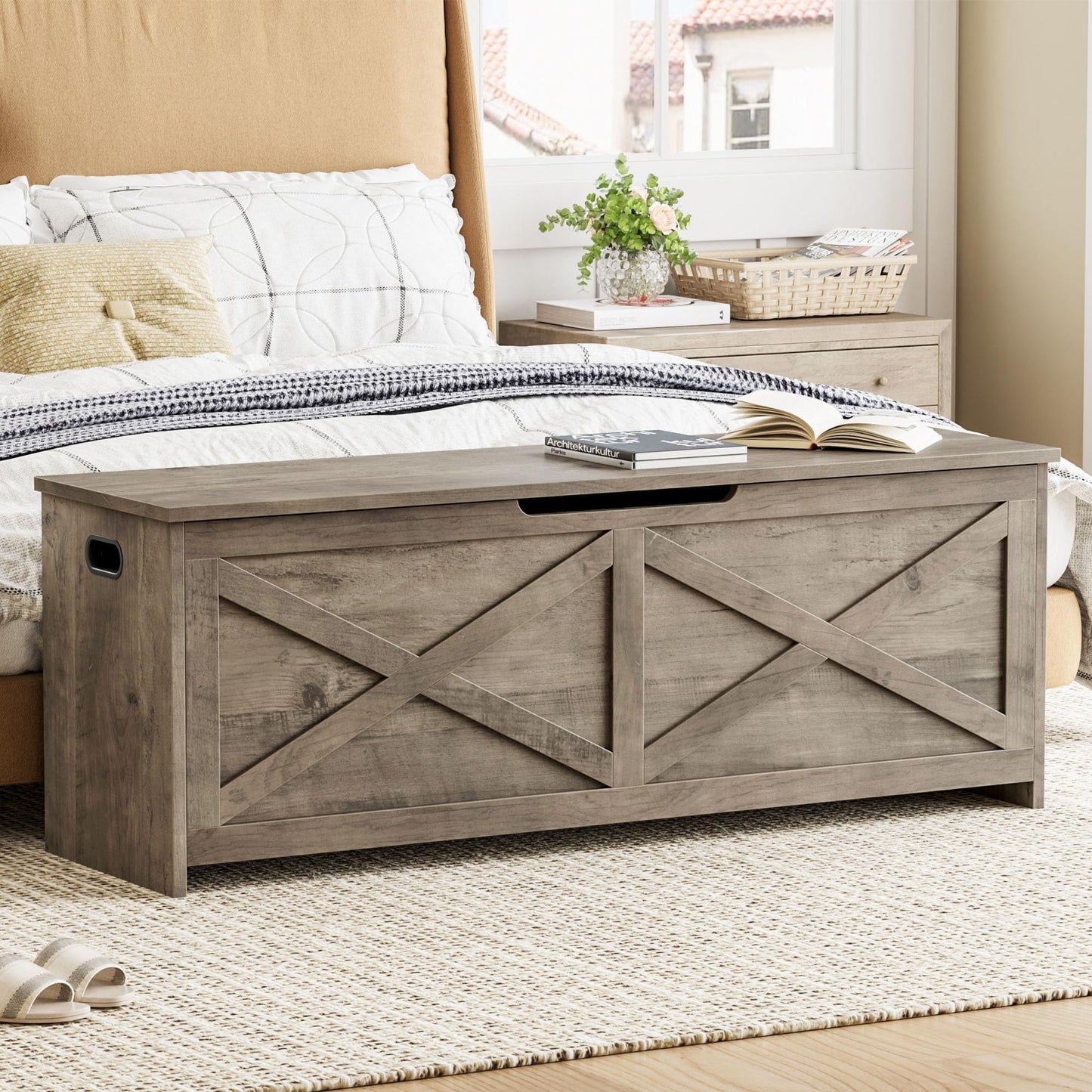 IDEALHOUSE 47.3" Storage Chest, Toy Chest for Kids, Wooden Large Toy Box, Storage Bench with Safety Hinge, Farmhouse Storage Trunk for Entryway, Living Room, Bedroom, Playroom,Washed Grey