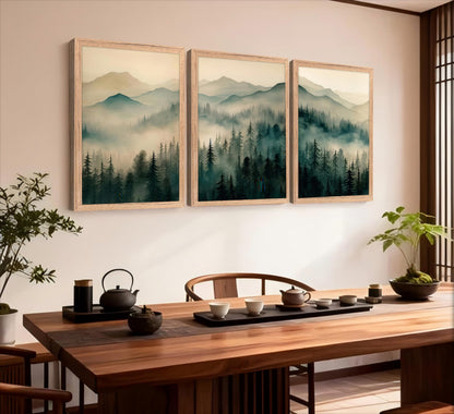 Framed Misty Mountain Forest Wall Art Set, Mordern Calming Pine Forest Oil Painting Canvas Prints, Smoky Mountain Landscape Wall Decor, Green Natural Scenery Poster for Living Room Bedroom Office