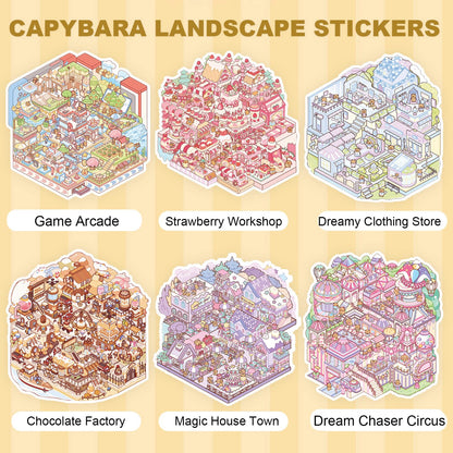 ZSYTZL 6 Sheets Large 3D DIY Stickers, Cute Waterproof Quiet Book with Capybara World Scene Decorating Mobile Phones Handbooks Water Bottle Stickers for Adult Teens-Capybara Book