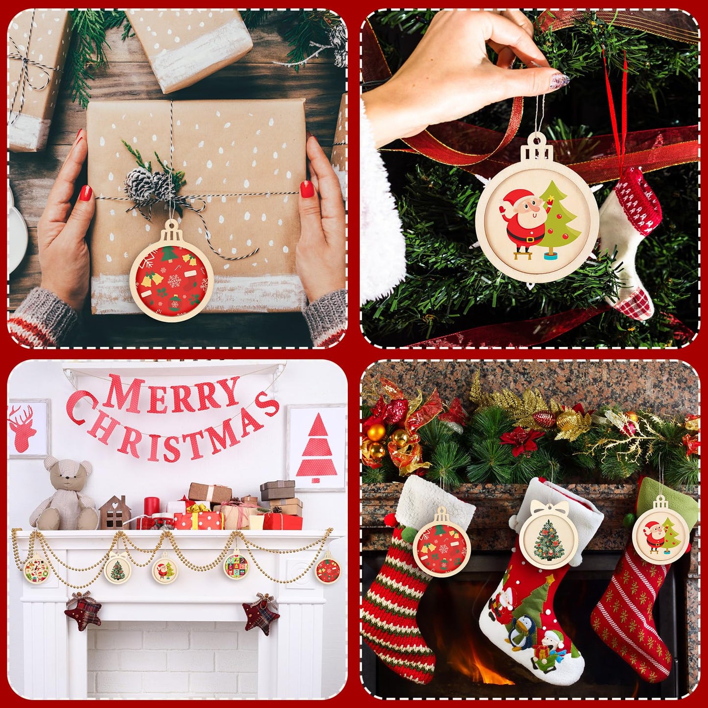 Gerrii 30 Pcs Christmas Wooden Ornaments to Paint 4 Inch DIY Unfinished Blank Round Wood Cutouts Wooden Discs Slices Hanging Ornaments for Christmas Holiday Xmas Tree Decoration DIY Crafts in 5 Shapes