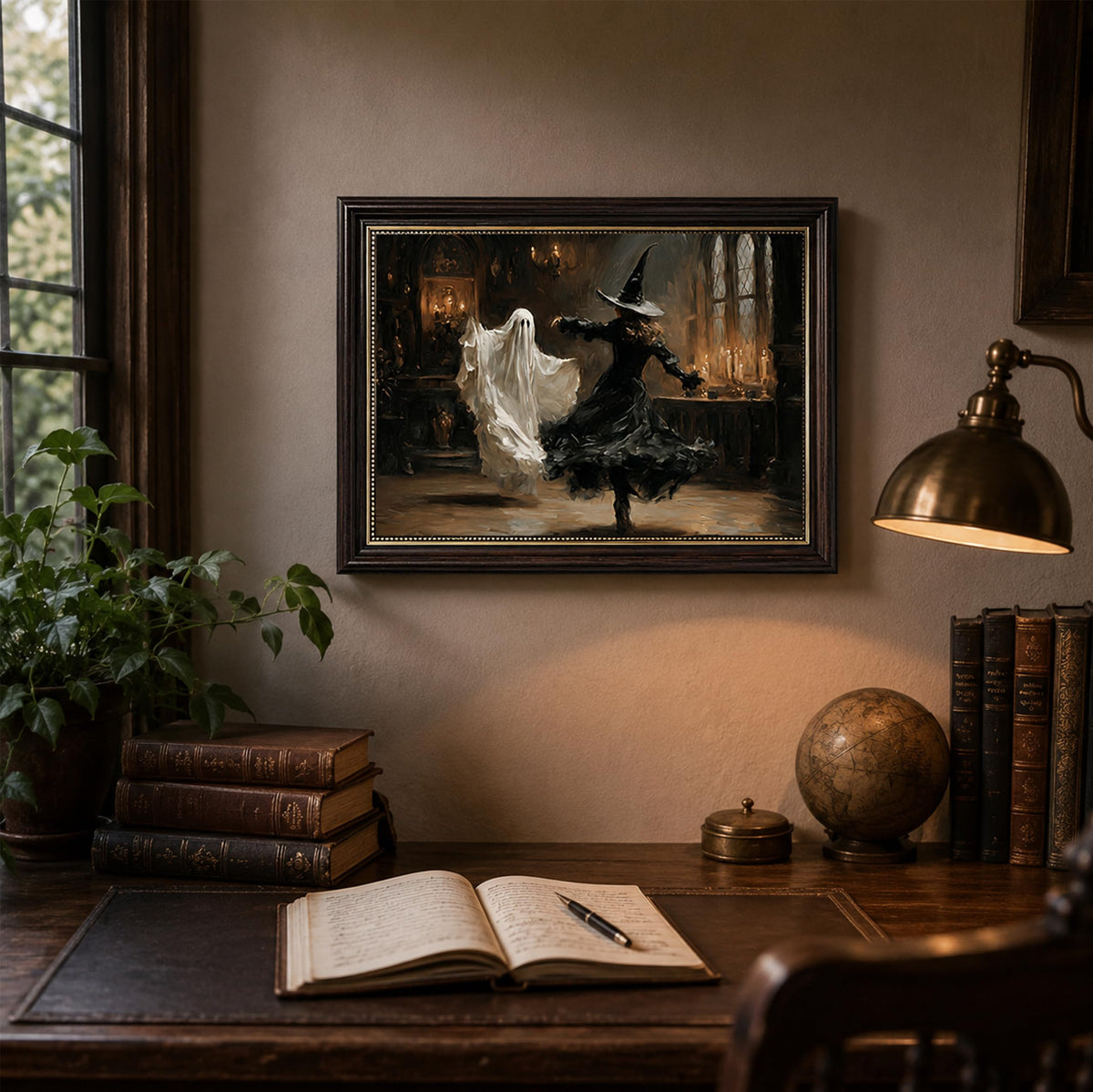 Vbaourut Framed Halloween Wall Art, Dancing Witch and Ghost Canvas Painting, Vintage Gothic Poster with Dark Brown Frame and Upgraded Hook and Loop for Bedroom, 9x11 in