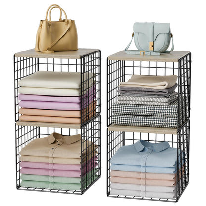 Hencawima 4-Tier Stackable Closet Organizers and Storage, Dual-Layer Reinforced Clothing Cube Shelves with Wood Tops, Sturdy Clothes Storage Bins & Shelf Basket for Wardrobe, Closet Organizer System