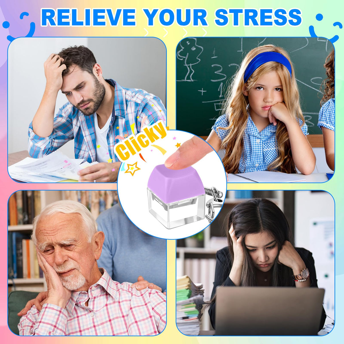 Seeloowy 36 Pcs Keyboard Fidget Clicker Keyboard Keychain Decompression Relief Toys Button Stress Relief Gifts for Adults Pass the Time Office Party Favors (Classic Color)