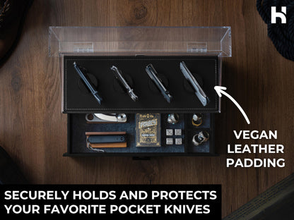 Premium Pocket Knife Display Case for 10 Knives - Wooden Knife Organizer, Storage & Holder with Unique Pillars, Hinged Cover, Drawer - Knife Collection Box - Handcrafted Father's Day Present for Men