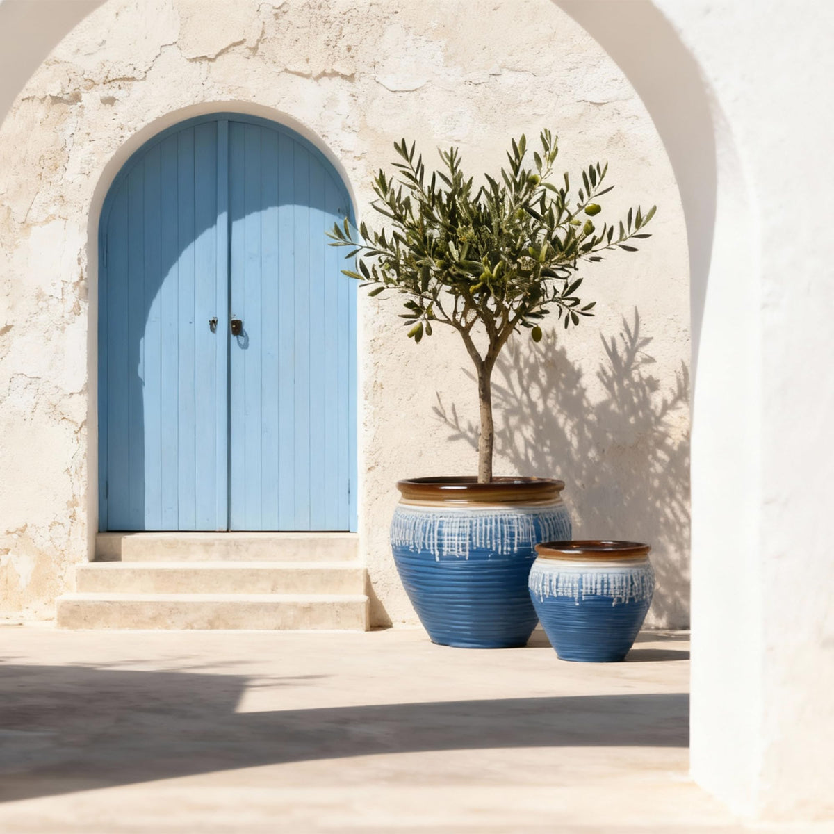 WORTH Clay-Pot-Style Plastic Planters Set of 2 (Large: 17"Dia x 16"H & Small: 13"Dia x 13"H), Blue-Glazed Plant Pot, Round Lightweight Flower Pots with Drainage Hole & Plug for Indoor & Outdoor Use