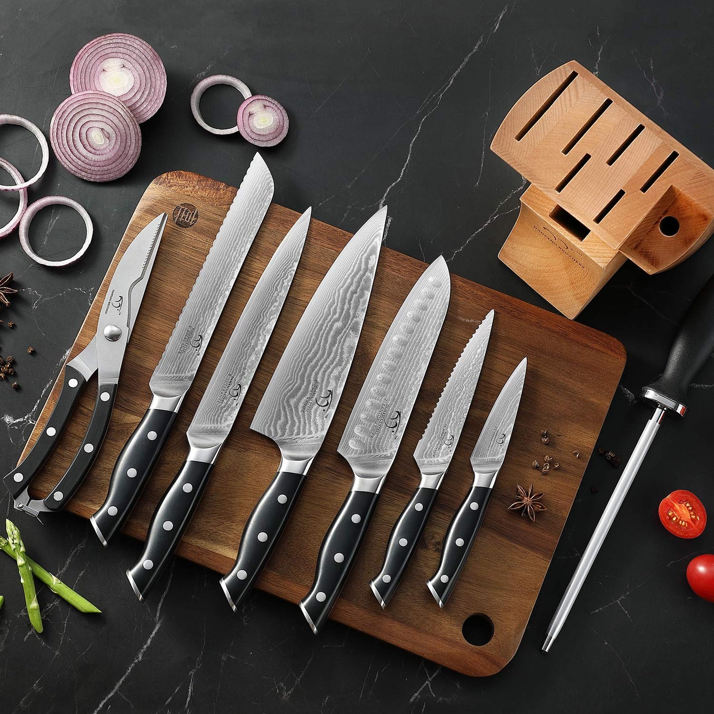 Kitchen Damascus Knife Set, 15 Pieces Kitchen Knife Set with Block, ABS Ergonomic Handle for Chef Knife Set, Knife Sharpener, Kitchen Shears, Natural Wooden Block and Bamboo Drawer Organizer, Gift Box