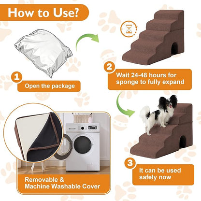 Dog Stairs for Small Dogs 11.5’’ H, 2-Step Dog Steps for Bed, Pet Stairs and Ramp for Dogs and Cats to Get on Beds, Couch, Non-Slip Balanced Pet Steps with Waterproof Cover, Brown
