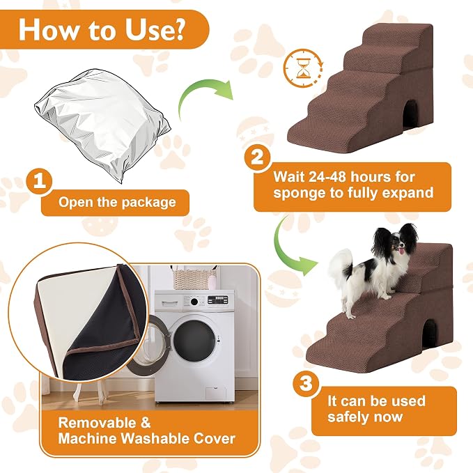 Dog Stairs for Small Dogs 16’’ H, 3-Step Dog Steps for Bed, Foldable Pet Stairs and Ramp for Dogs and Cats to Get on Beds, Couch, Non-Slip Balanced Pet Steps with Waterproof Cover, Brown