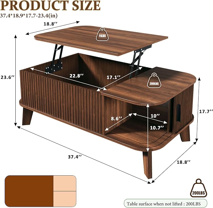 HUAHUU 37.4" Lift Top Coffee Table with Storage, Mid Century Modern Coffee Table with Sliding Fluted Doors for Living Room, Home Office, Walnut