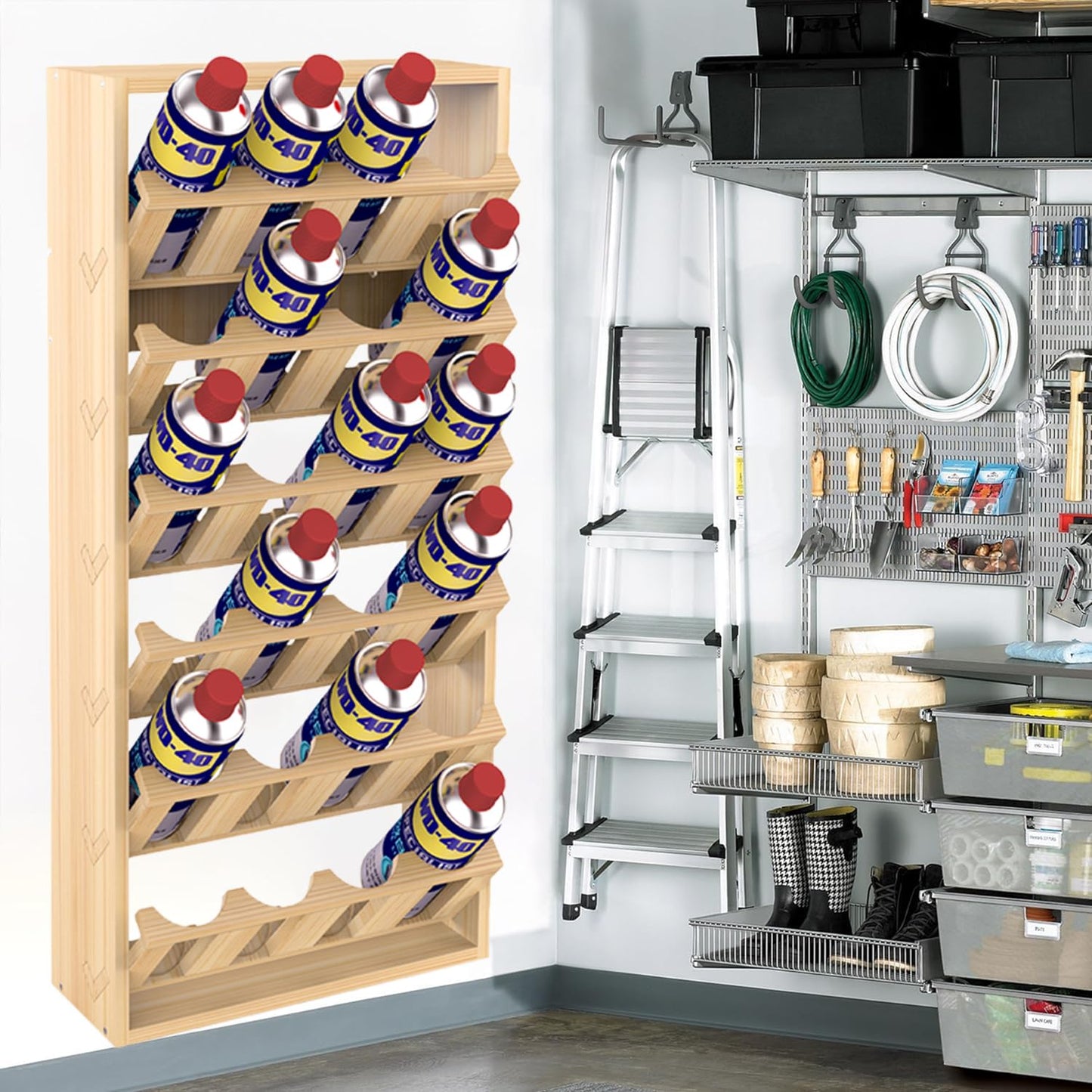 Nisorpa 24 Can Spray Paint or Lube Can Holder Aerosol Can Rack 6-Tier Wooden Spray Paint Can Storage Rack Wall Mount Aerosol Spray Can Organizer for Garage and Craft Workroom- 14.2" L x 5" W x 30" H