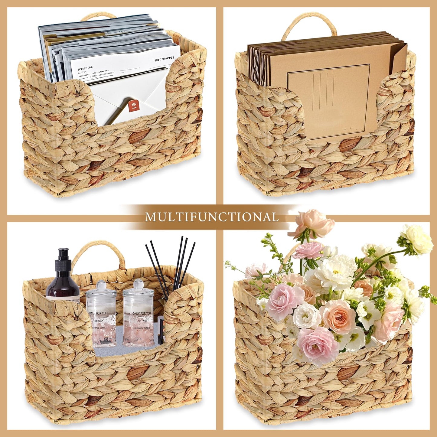 VANEME Hanging Magazine Basket, Woven Wall Magazine Holder Organizer with Handle for Mail, Files, Books - Water Hyacinth Farmhouse Storage Rack for Bathroom, Kitchen, Office