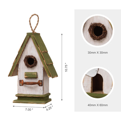 Glitzhome 10.25" L Hanging Birdhouse Green White Roof Wooden Garden Bird House for Outdoor
