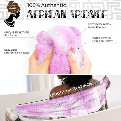 Authentic African Net Sponge 2 Pieces - Back Scrubber for Body - Seawave & Lilac Exfoliating Washcloth with Knots for Shower - Shower Exfoliator for Women Self Care Body Loofah Bath Essentials