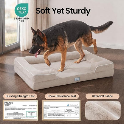 OhGeni Orthopedic Dog Bed Couch Big Cat Sofa for Extra Large Sized Pets with Memory Foam, Machine-Washable Waterproof Removable Cover, Soft Comfortable Fabric, 44-inch (Beige)