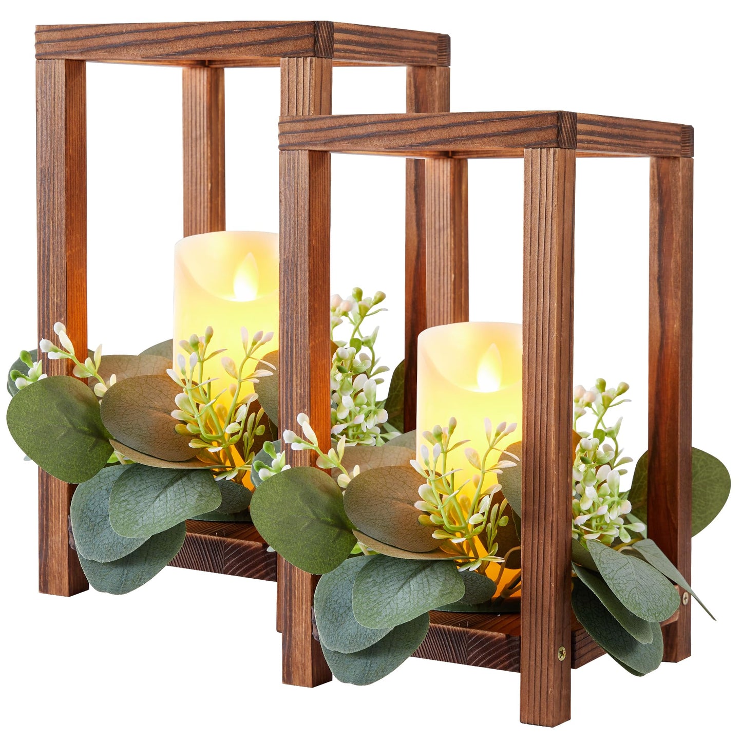 Neoflavie 42 Pcs /14 Set Wooden Wedding Lantern Centerpiece-Wooden Candle Lantern Bulk Includes 14 Farmhouse Wooden Candle Holder 14 Flameless LED Candles 14 Eucalyptus Leaves Wreath for Decoration