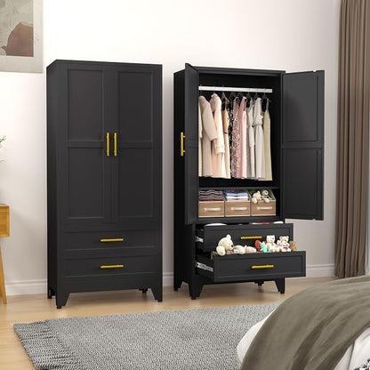 erosoei Metal Armoire Wardrobe Closet, 71 "Metal Clothing Storage Cabinet | with Adjustable Shelves and Hanging Rod, Household Steel Wardrobe Storage Cabinet with Drawers (Armoire-Black)