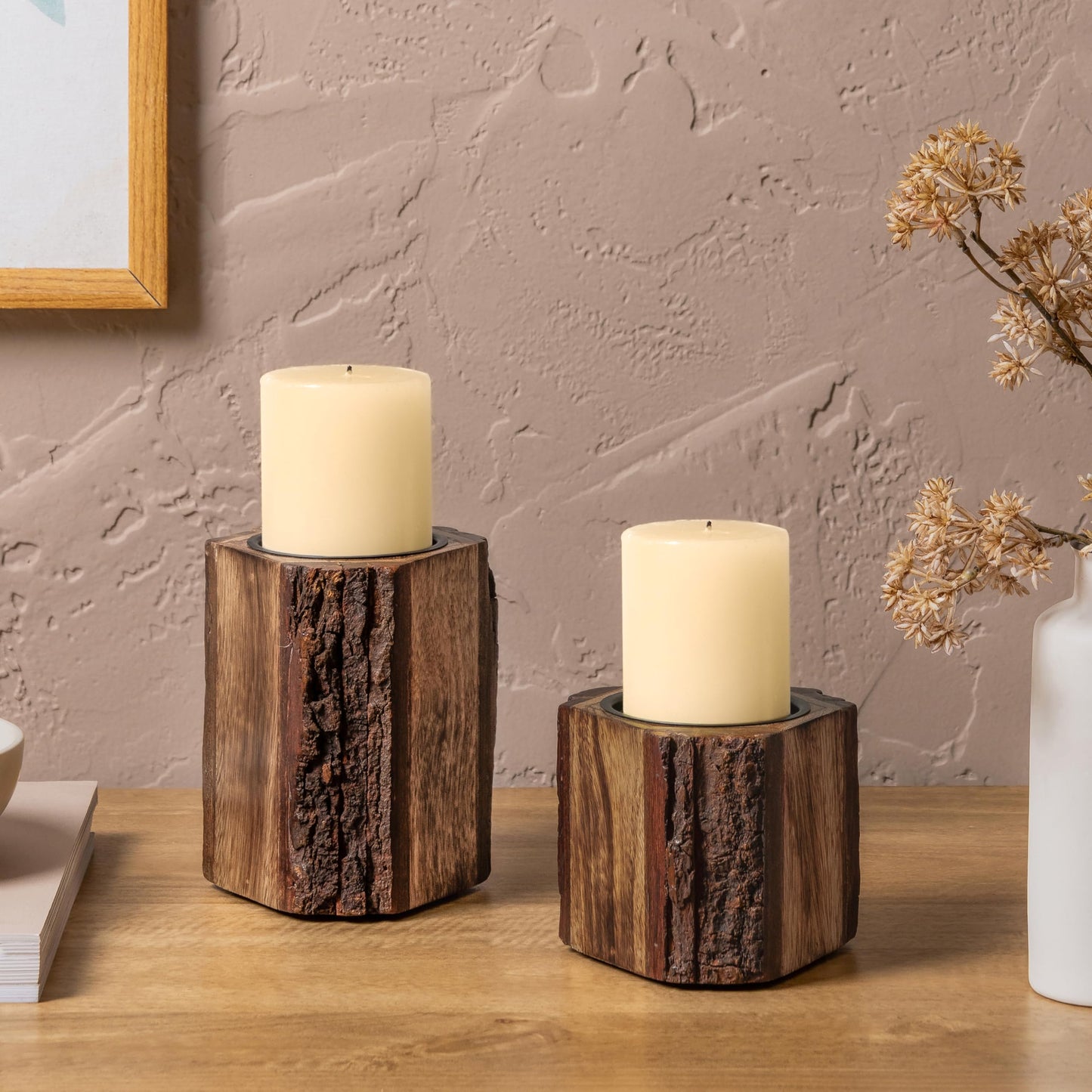 JFY Designs Hand Carved Solid Wood Candle Holder Set of 2 - Pillar Candle Holders Decorative Candlestick Holder for Home Décor, Wedding, Dinning, Party