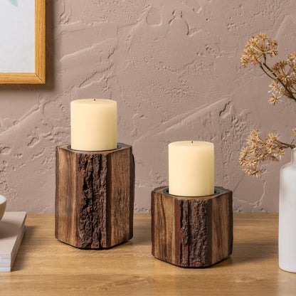 JFY Designs Hand Carved Solid Wood Candle Holder Set of 2 - Pillar Candle Holders Decorative Candlestick Holder for Home Décor, Wedding, Dinning, Party