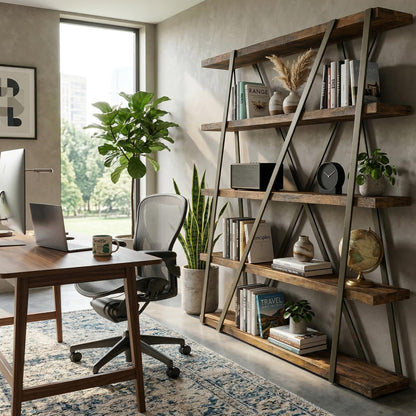 FUSUNBAO 67" 5-Tier Wood & Metal Tall Bookshelf for Home Office,Retro Brown