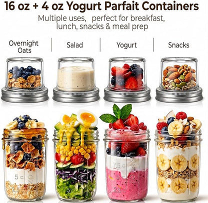 4 Pack Overnight Oats Containers With Lids And Spoons, (16Oz+5Oz) Glass Mason Jars With Dry And Wet Separation For Cereal Nut Fruit Salad Chia Pudding Yogurt, Meal Prep Jars
