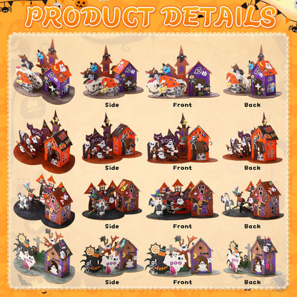 Poen 4 Set 3D Wooden Halloween Haunted House Crafts Kit DIY Wood Ghost House Puzzles Set with Paints Brushes Stickers for Halloween Home Table Decoration Party Gifts Supplies Indoor Decor