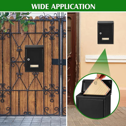 Amylove Weatherproof Mail Boxes with Key Lock, Security Locking Wall Mount Metal Mailbox with Slot for Outside, Large Capacity for Mail, Packages, Donations, Voting 11. 8"h x 8. 3"l x 2. 8"w, Black