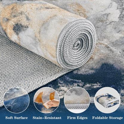 Yinhua Marble Rug 5x7, Blue and Gold Washable Rug Non Slip, Soft Faux Wool Modern Rugs Non Shedding, Low Pile Abstract Area Rugs Non Skid, Stain Resistant Floor Carpet for Living Room Bedroom Office