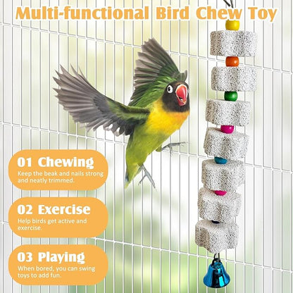 PINVNBY 3 Pack Bird Chewing Toy Lava Calcium Bird Beak Grinding Stone with Bell Hanging Parakeet Cage Accessories for Parrots Budgies Cockatiels African Grey (7 Block Per String)