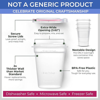 BubbleWally JoyPlus Overnight Oats Containers with Lids Plastic (Pink) - Meal Prep Containers Reusable for Food Storage – 16oz Jars for Breakfast, Snacks, and Lunch