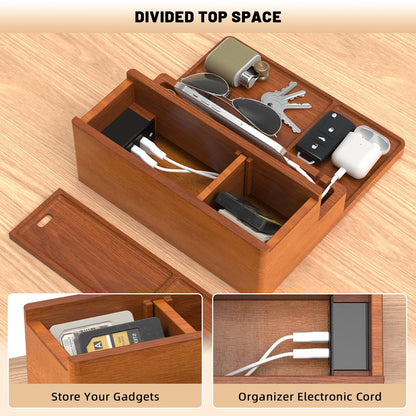 Valet Tray, Nightstand Organizer with Charging Station, Assembly-Free 3 Layer Wood Valet Tray for Men, Phone Docking Station with USB Ports for Watch, Jewelry & Accessories, Nice Gift (Stylish Brown)