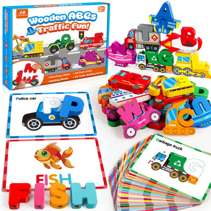 Vanmor Wooden Vehicle Alphabet Puzzle for Toddlers, Traffic ABC Letter Sight Words Matching Game with 52 Blocks and Flash Cards, Spelling Game Toys, Kindergarten Preschool Learning Activities