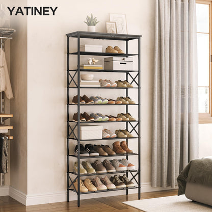 YATINEY 10 Tier Shoe Rack and 4 Tier Shoe Rack, Large Capacity Shoe Storage Organizer, Metal Shoe Shelf with Drawer and Wooden Top, for 16 Pairs of Shoes, for Entryway, Closet SS10BCG1-SS24BR