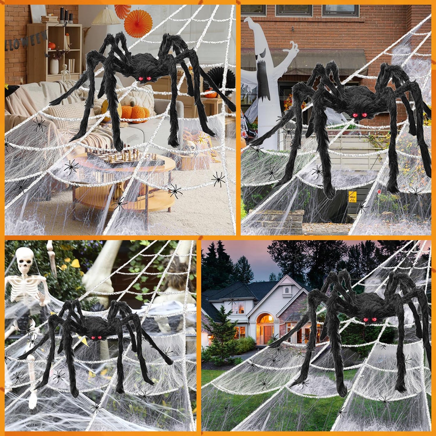 HKC 276" Giant Spider Web Halloween Decorations + 59" Hairy Spider +40g Stretch Cobweb+20 Small Spider,Fake Spider with Triangular Huge Web for Halloween Outdoor Indoor Decor Haunted House Porch Yard