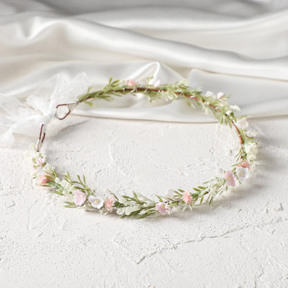 KorViSHOW Pink Flower Crown Headband, Artificial Fairy Floral Headpiece, Renaissance Hair Accessory for Women Girls Maternity Birthday Bridal Wedding Renfaire Festival Cosplay Party Hairband