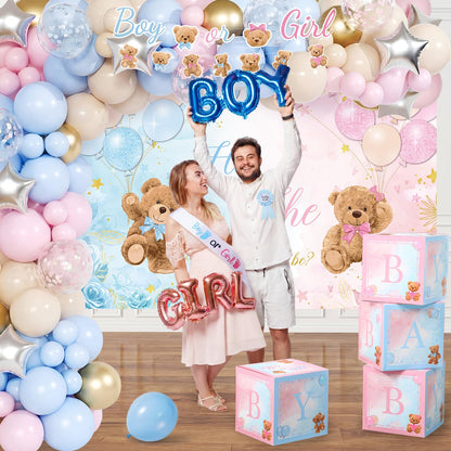 Duraaamo 207Pcs Bear Gender Reveal Party Decorations Boy or Girl Pack, Bear Balloon Kit with Backdrop Banner, Tablecloth, Balloon Boxes, Cupcake Stand, Sash, Pin for Baby Shower Gender Reveal Supplies