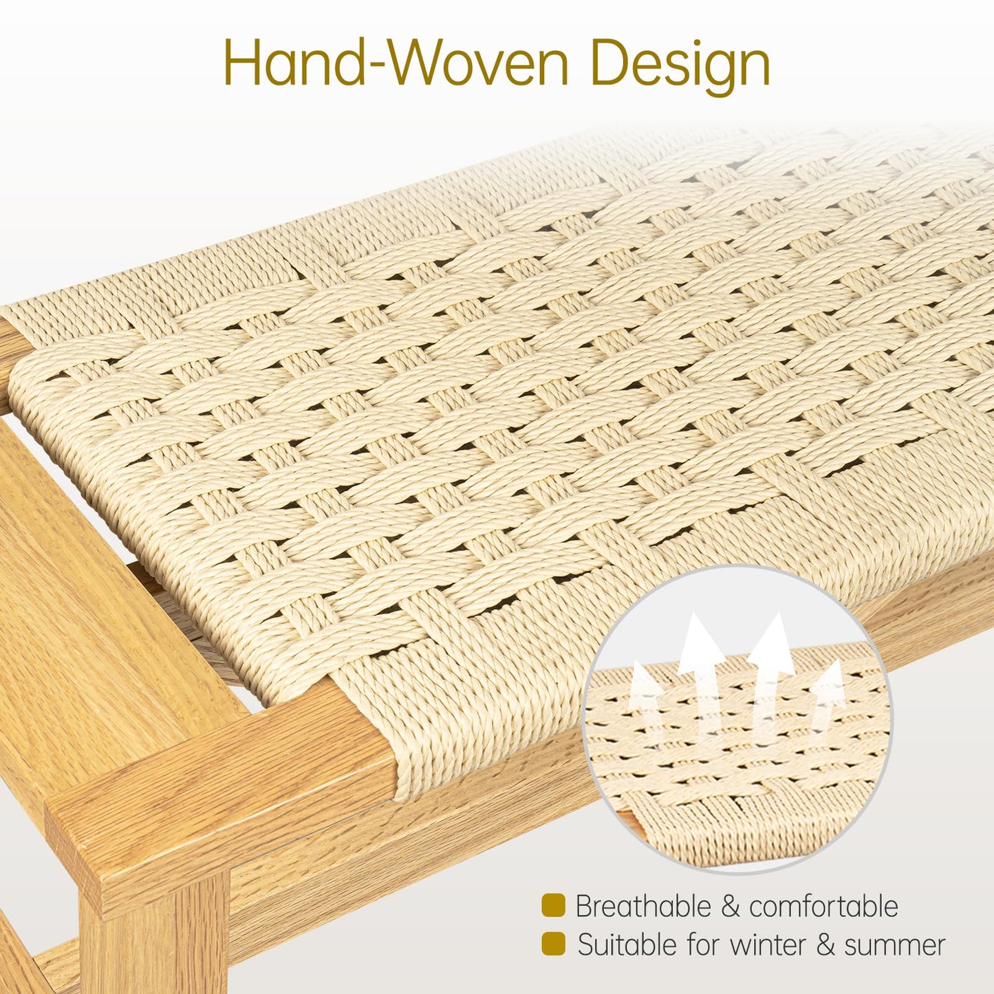 Dechawfon Solid Wood Narrow Bench, 33.46" Woven Bench for Entryway and Hallway, End of Bed Bench with Oak Frame, Boho Accent Bench - 500lbs Capacity (Natural White)