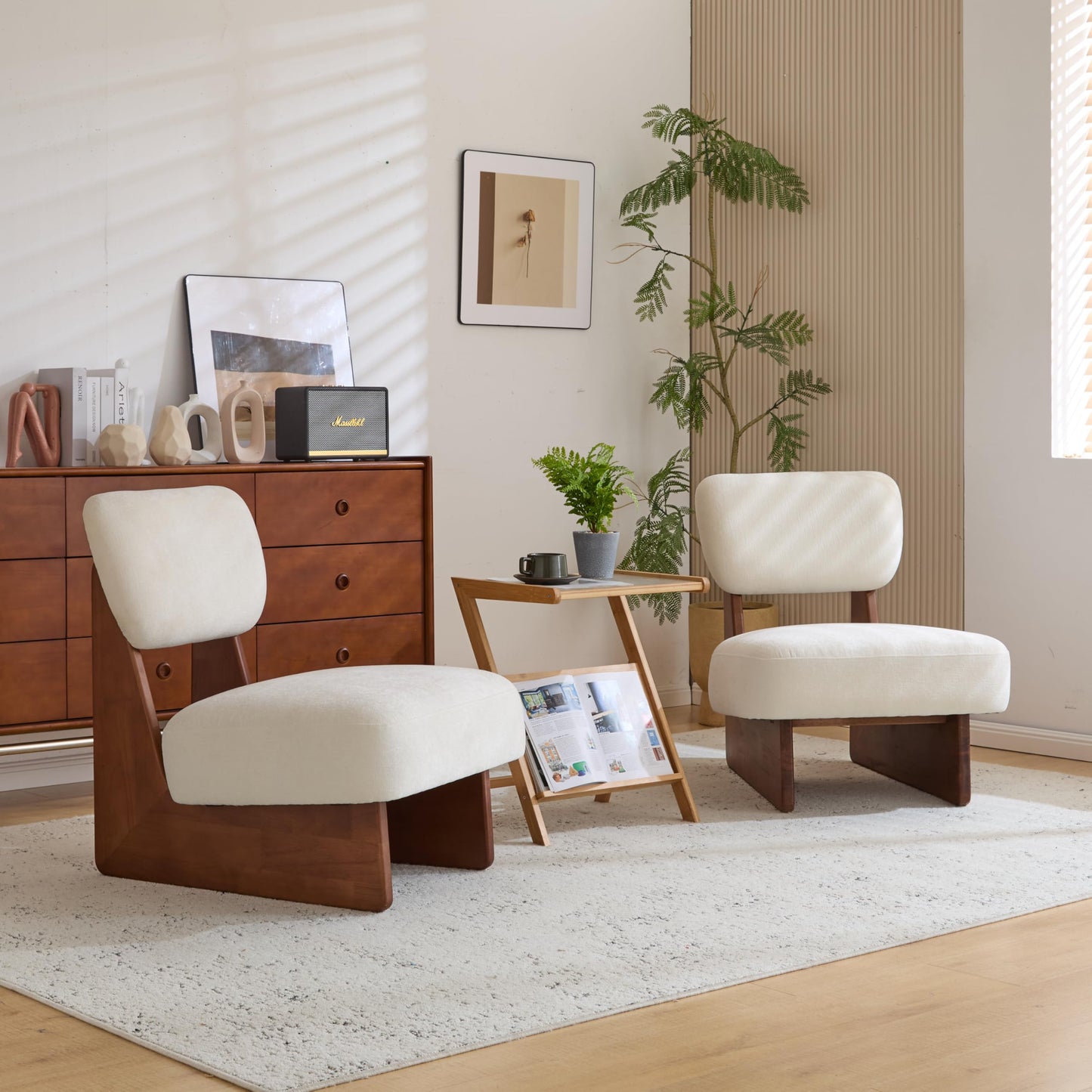 Christopher Knight Home Mores Low Profile Accent Chair Set of 2, Modern Living Room Armless Lounge Chair, Fabric Comfy Reading Chair for Bedroom, Wooden Frame and Thick Padded Seat, White+Walnut