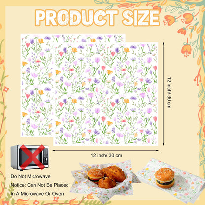 Humyoun 100 Sheet Spring Wildflower Wax Paper for Food Tissue Paper Gift Wrapping Floral DIY Baking Kitchen Package for Spring Wedding Picnic Hamburgers Sandwiches Desserts