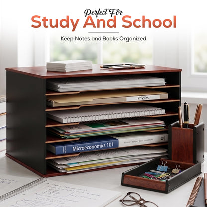 DL Davis lorence Wooden Paper Organizer 20.25"W x 12.25"H x 13.25"D, 6-Tier Storage for 12"x18" & 11"x17" Sheets, Includes Matching Pen Holder & Tray, Ideal for Office, Home, Art Room and Classroom