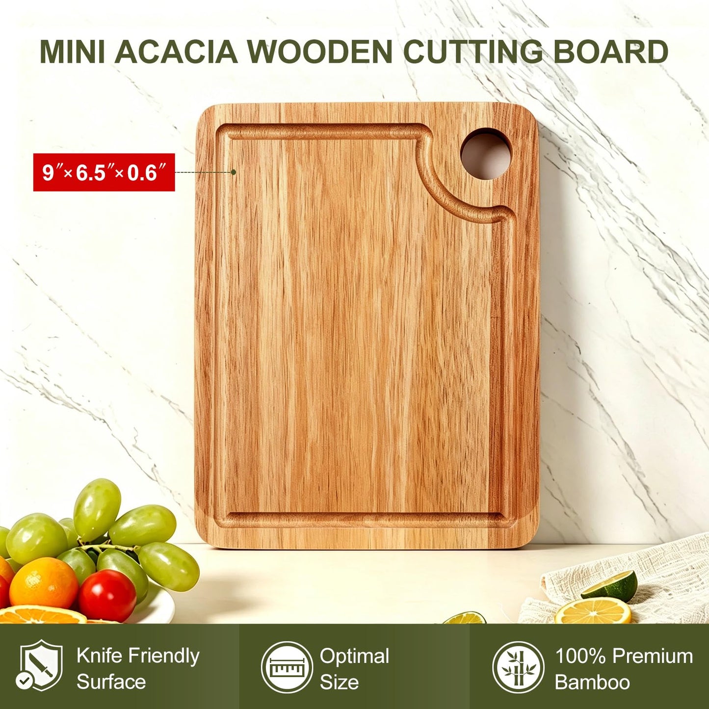 Gtencemen Small Acacia Wood Cutting Boards for Kitchen with Hanging – Mini Wooden Cutting Board with Juice Groove for Vegetables, Fruit, Bread, Meat - BPA Free, 9" x 6.5"