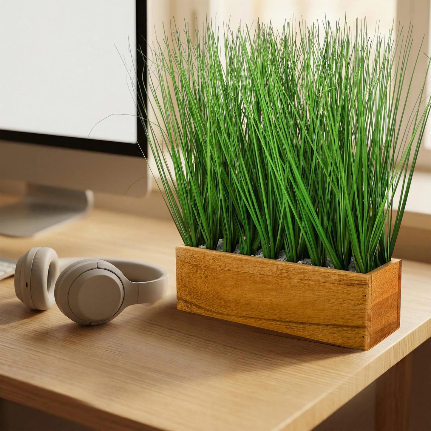 Luinabio 2 Pack 12 Inch Artificial Grass Plants in Acacia Solid Wood Planter Box Decorative Wooden Container with Faux Greenery Plant for Indoor Home Table Rustic Decor